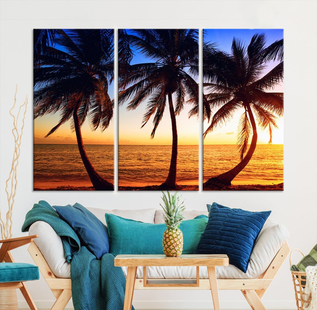 Palms at Sunset on Beach Large Canvas Art Print for Living Room Hallway Wall Decor