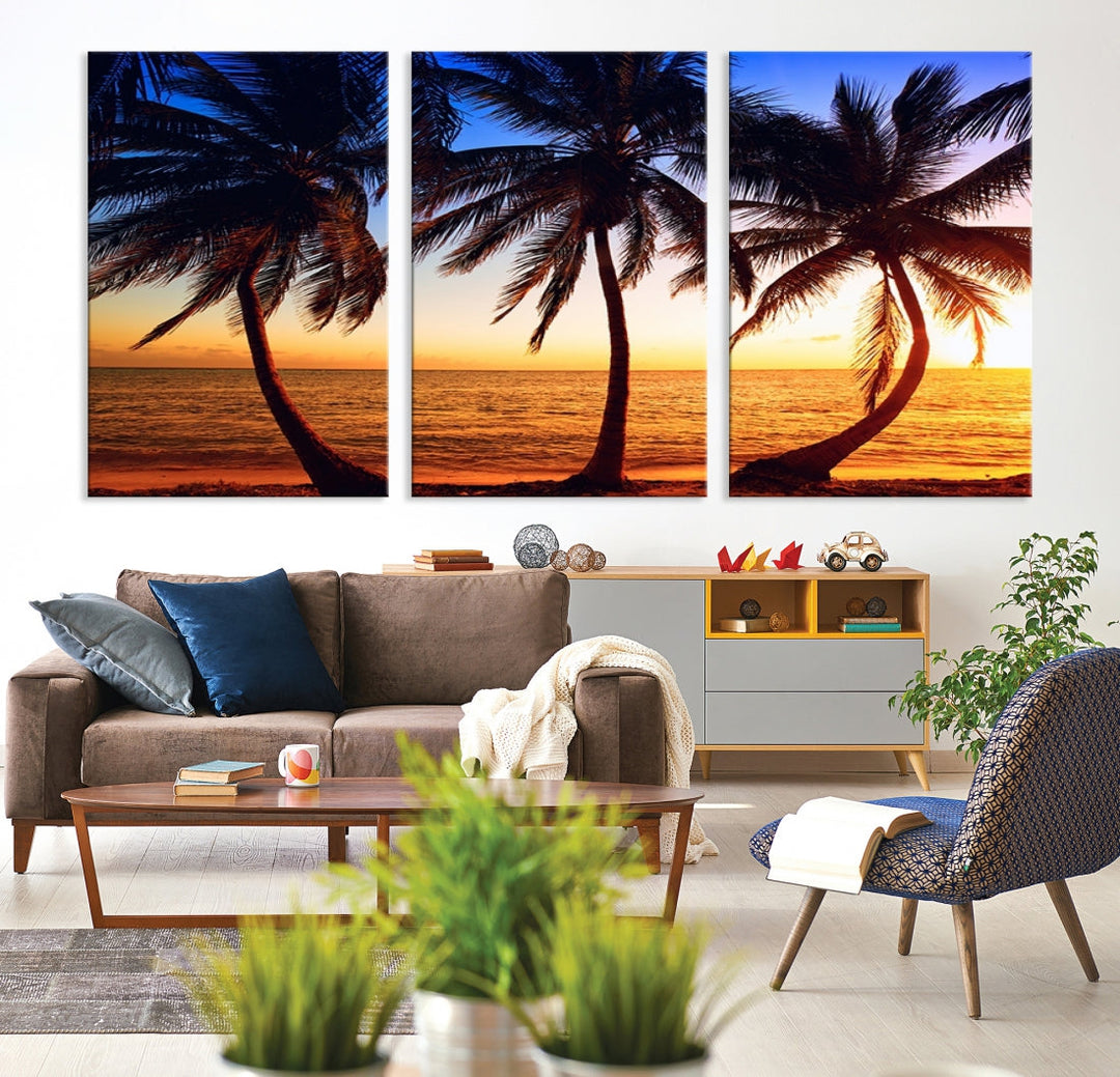 Palms at Sunset on Beach Large Canvas Art Print for Living Room Hallway Wall Decor