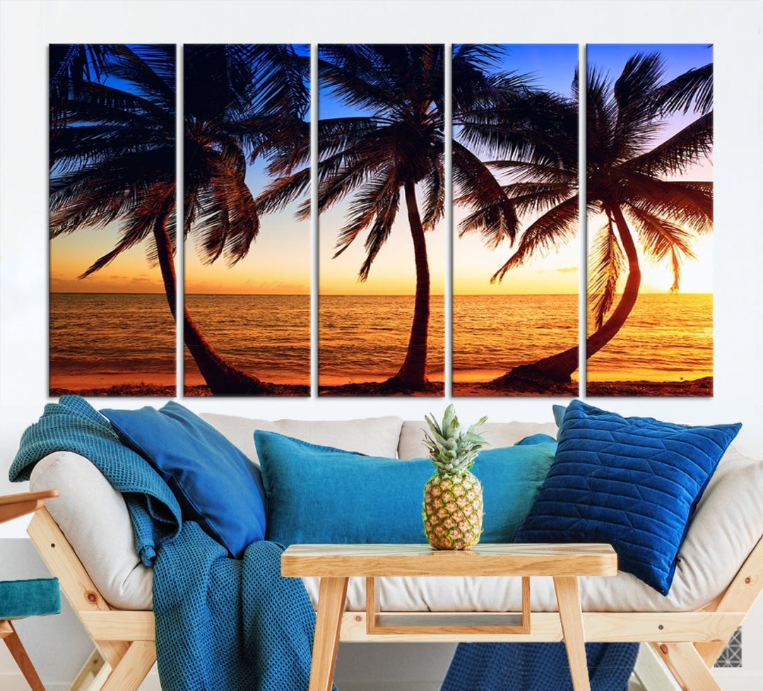 Palms at Sunset on Beach Large Canvas Art Print for Living Room Hallway Wall Decor