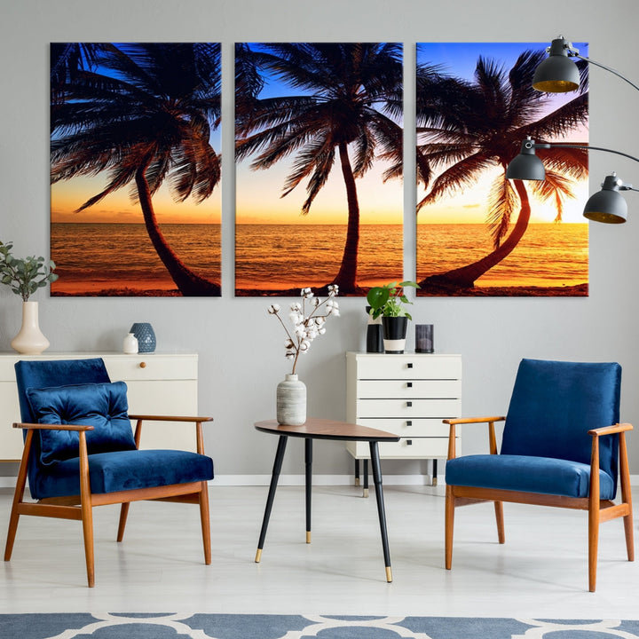 Palms at Sunset on Beach Large Canvas Art Print for Living Room Hallway Wall Decor