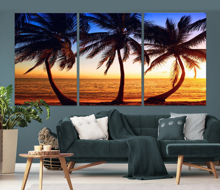 Palms at Sunset on Beach Large Canvas Art Print for Living Room Hallway Wall Decor