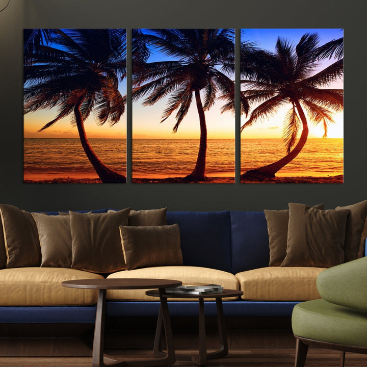 Palms at Sunset on Beach Large Canvas Art Print for Living Room Hallway Wall Decor