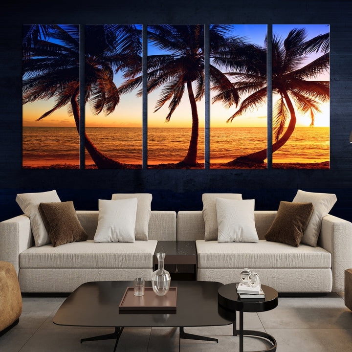 Palms at Sunset on Beach Large Canvas Art Print for Living Room Hallway Wall Decor