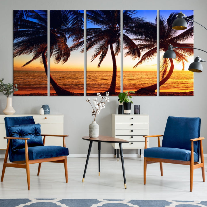 Palms at Sunset on Beach Large Canvas Art Print for Living Room Hallway Wall Decor