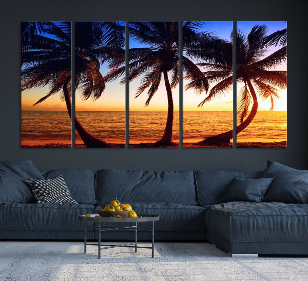 Palms at Sunset on Beach Large Canvas Art Print for Living Room Hallway Wall Decor