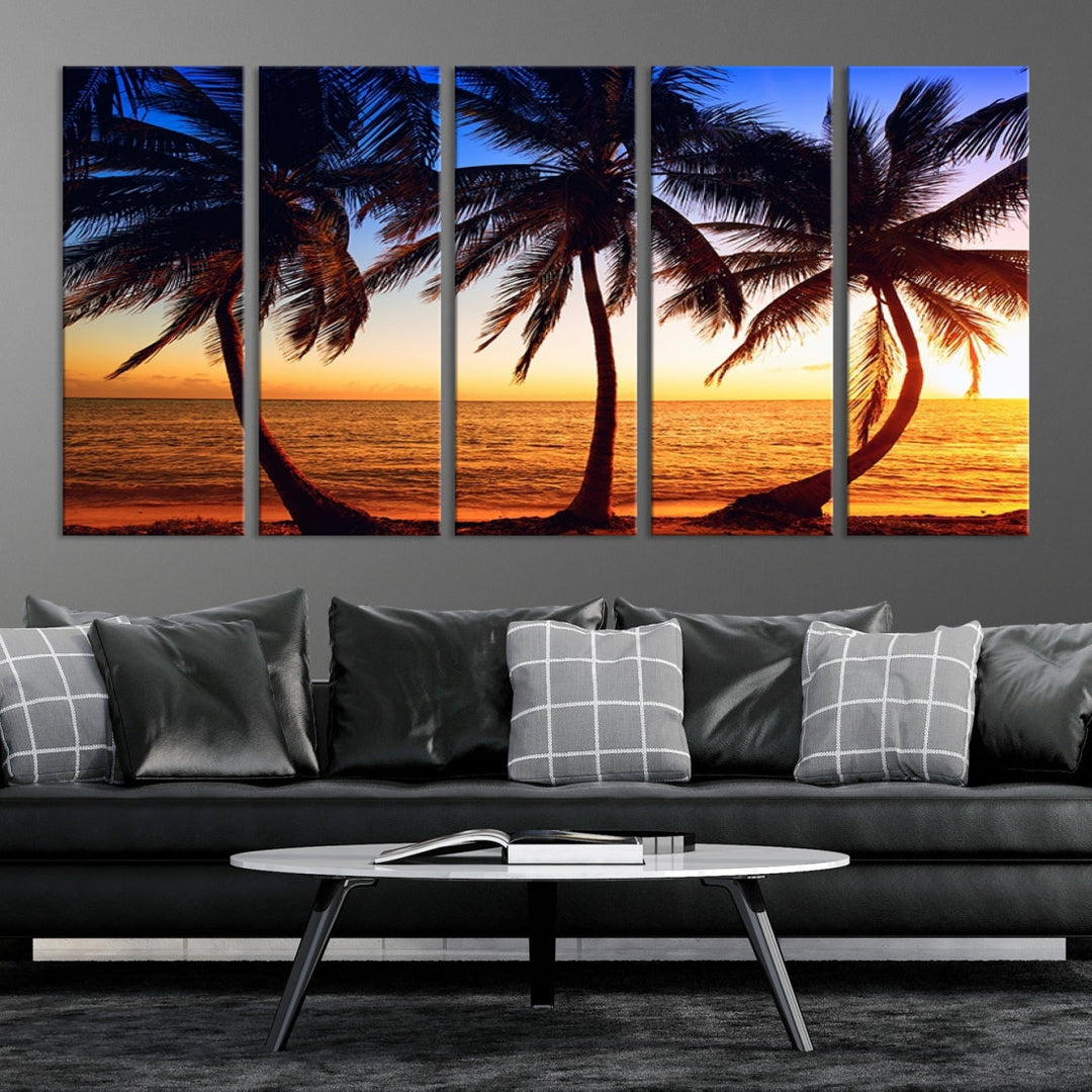 Palms at Sunset on Beach Large Canvas Art Print for Living Room Hallway Wall Decor