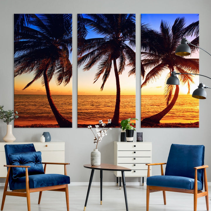 Palms at Sunset on Beach Large Canvas Art Print for Living Room Hallway Wall Decor