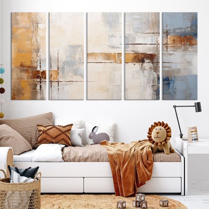 The Pastel Abstract Multi Panel Wall Art Canvas Print, featuring blue, white, and brown tones on museum-quality canvas, is ready to hang and includes a UV-protective coating for enduring vibrancy.