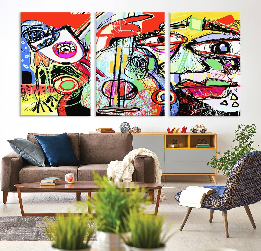 Picasso Style Print on Canvas , Floating Frame Option, Modern Wall Art, Canvas Wall Set , Extra Large Wall Art