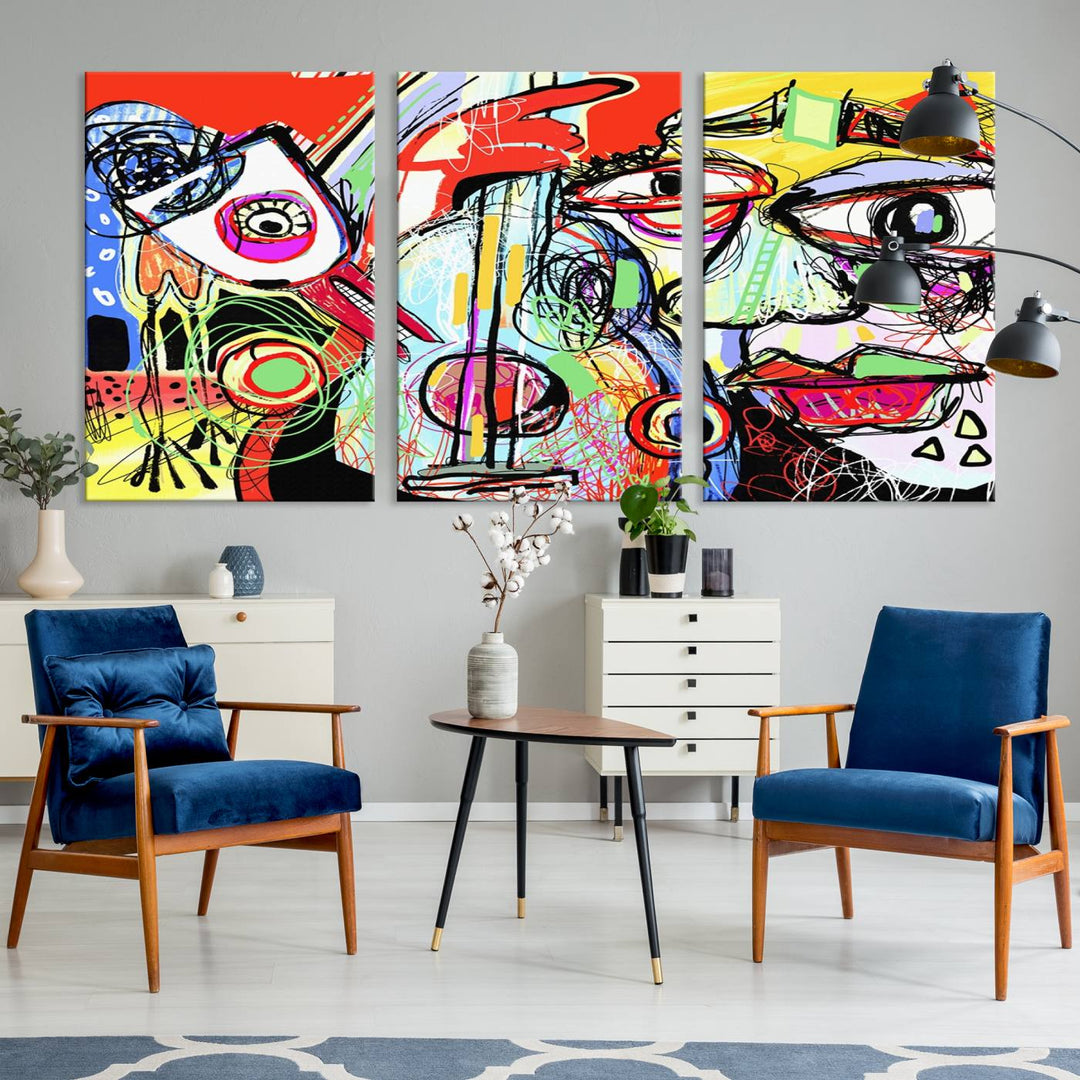 Picasso Style Print on Canvas , Floating Frame Option, Modern Wall Art, Canvas Wall Set , Extra Large Wall Art