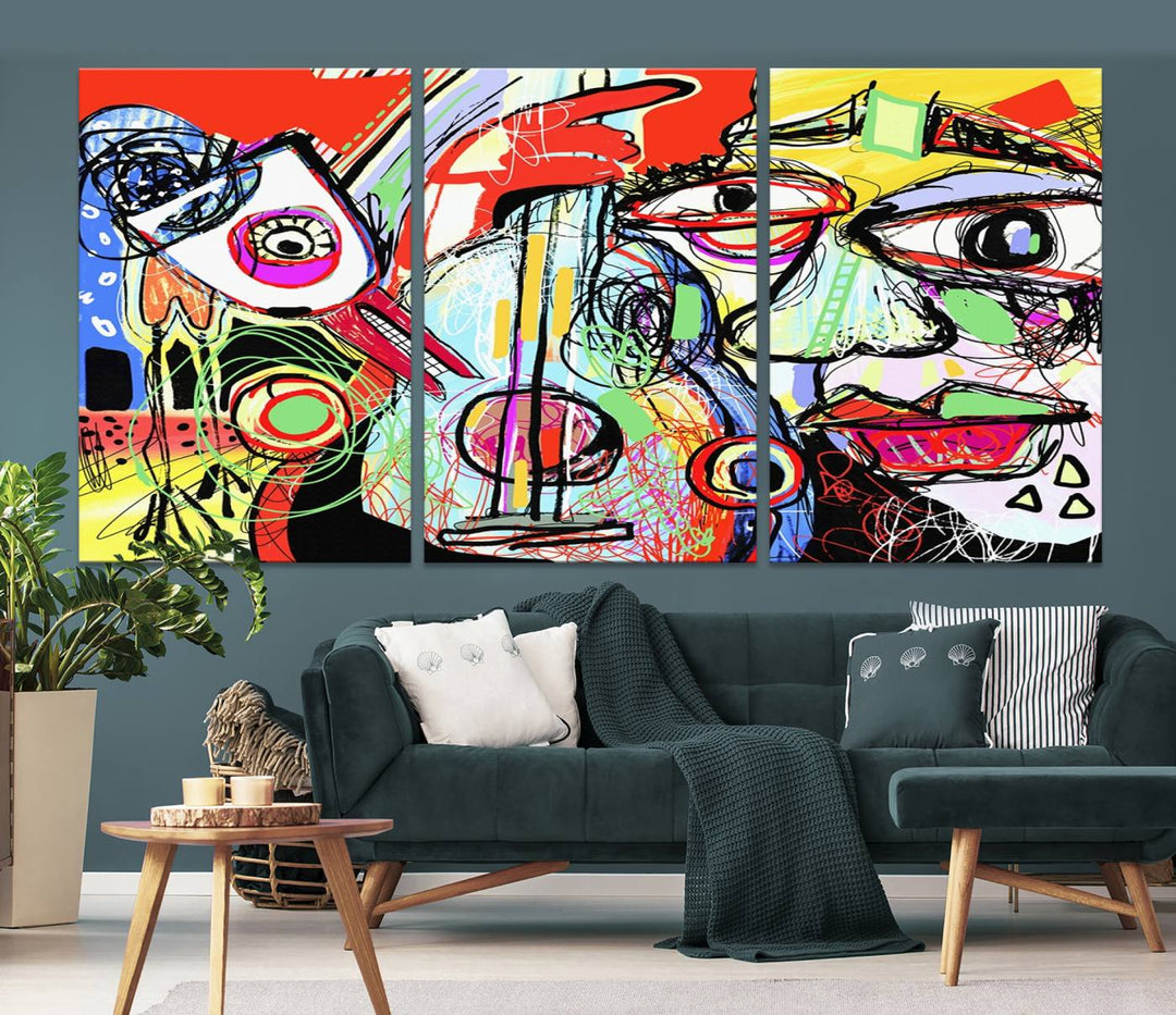 Picasso Style Print on Canvas , Floating Frame Option, Modern Wall Art, Canvas Wall Set , Extra Large Wall Art