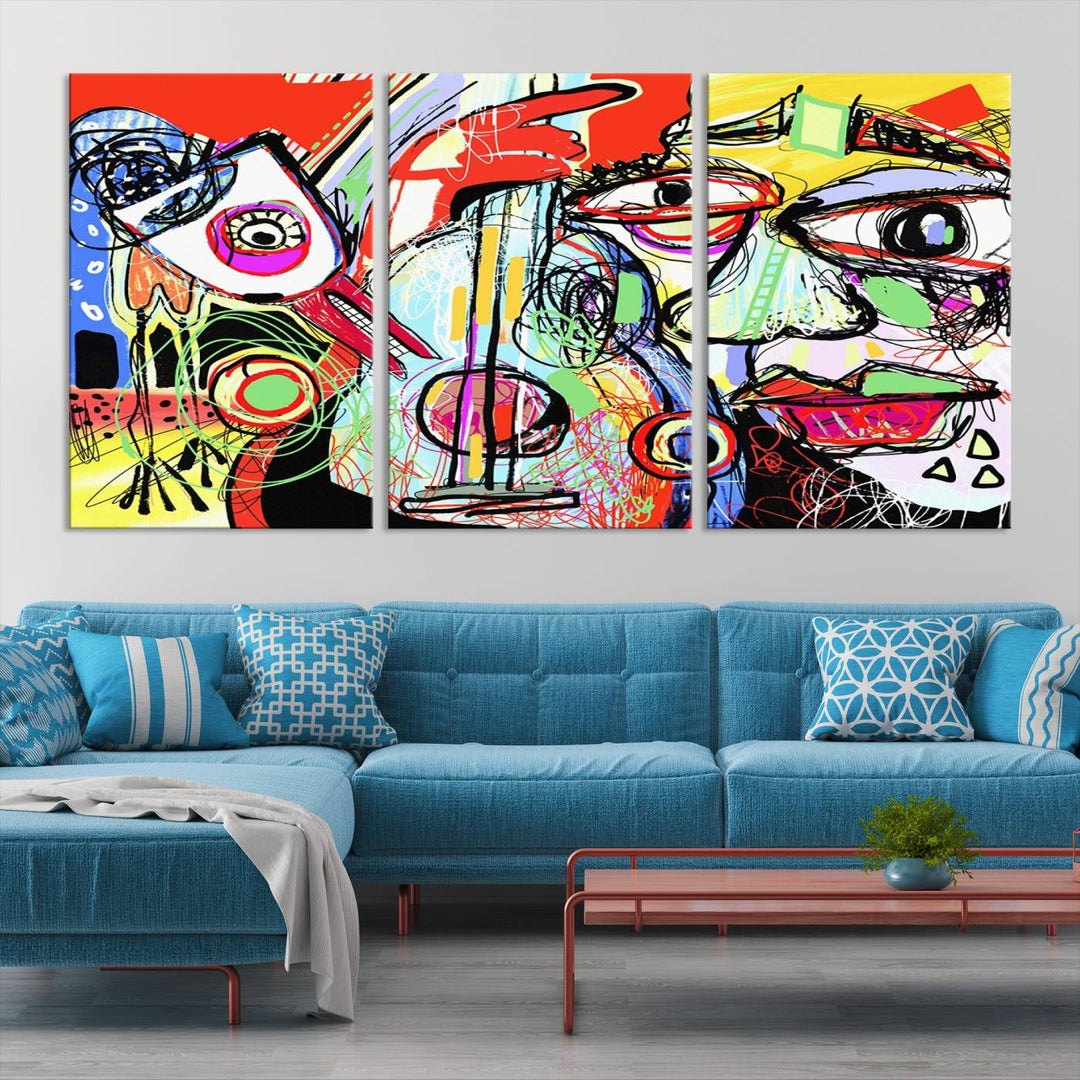 Picasso Style Print on Canvas , Floating Frame Option, Modern Wall Art, Canvas Wall Set , Extra Large Wall Art