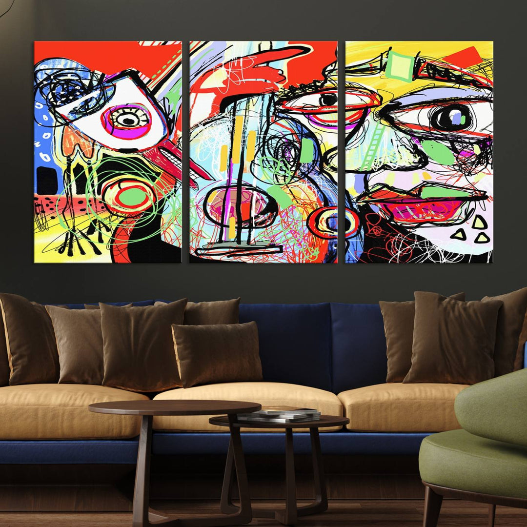 Picasso Style Print on Canvas , Floating Frame Option, Modern Wall Art, Canvas Wall Set , Extra Large Wall Art