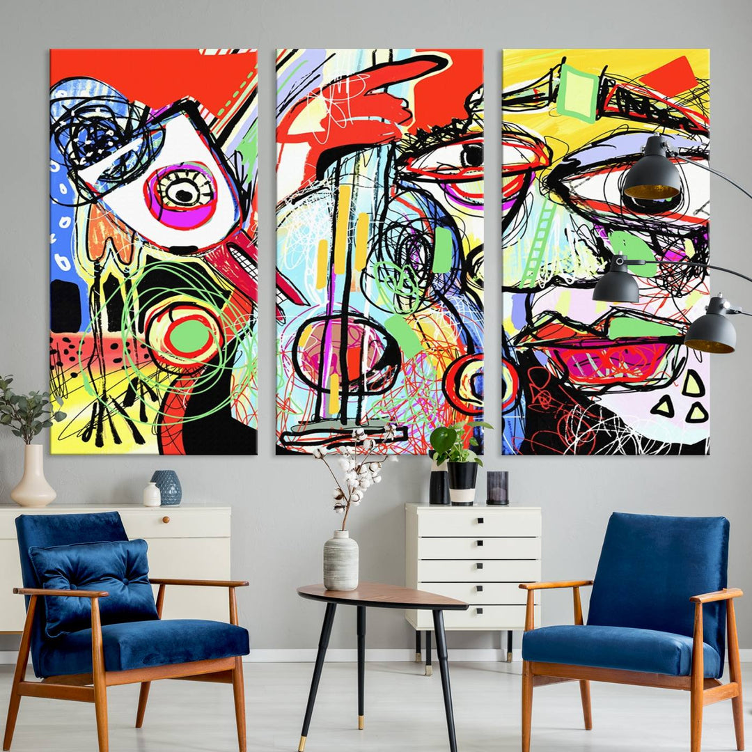 Picasso Style Print on Canvas , Floating Frame Option, Modern Wall Art, Canvas Wall Set , Extra Large Wall Art