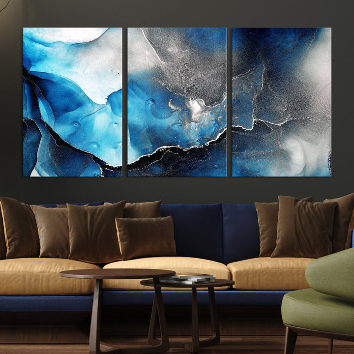 Piece Blue and Black Abstract Canvas Wall Art Modern Painting