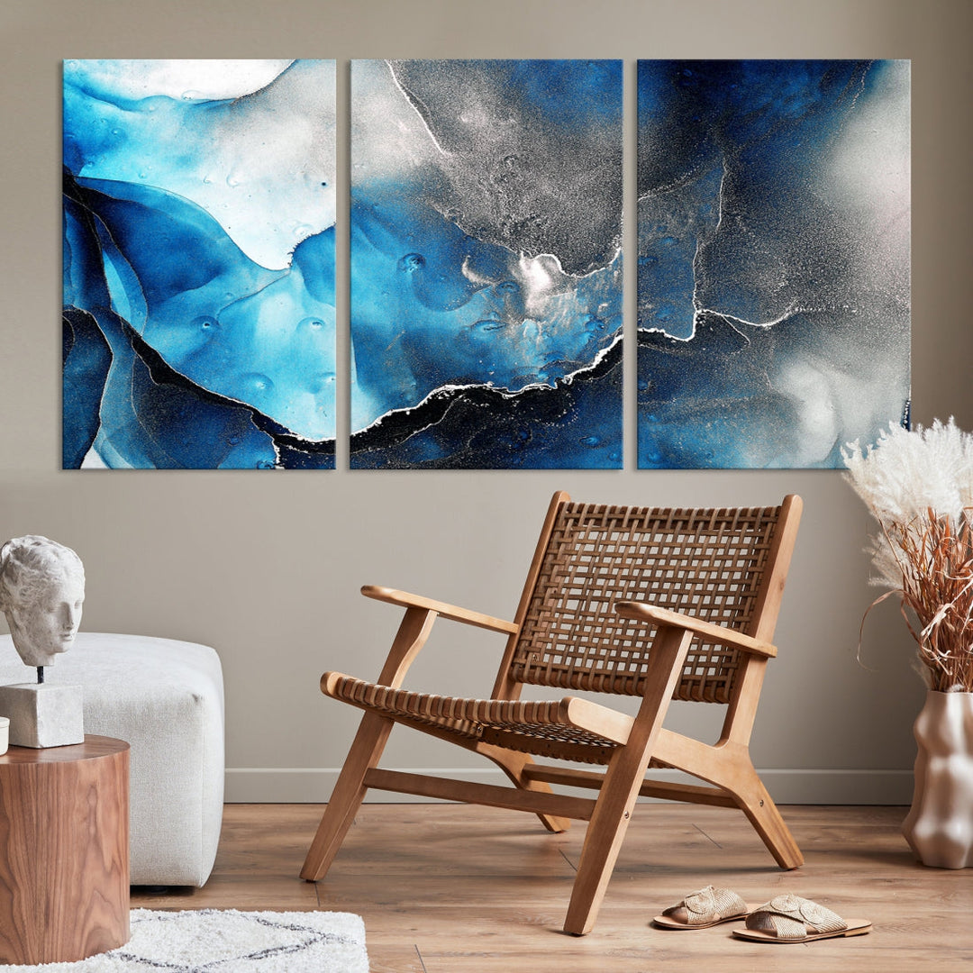 Piece Blue and Black Abstract Canvas Wall Art Modern Painting