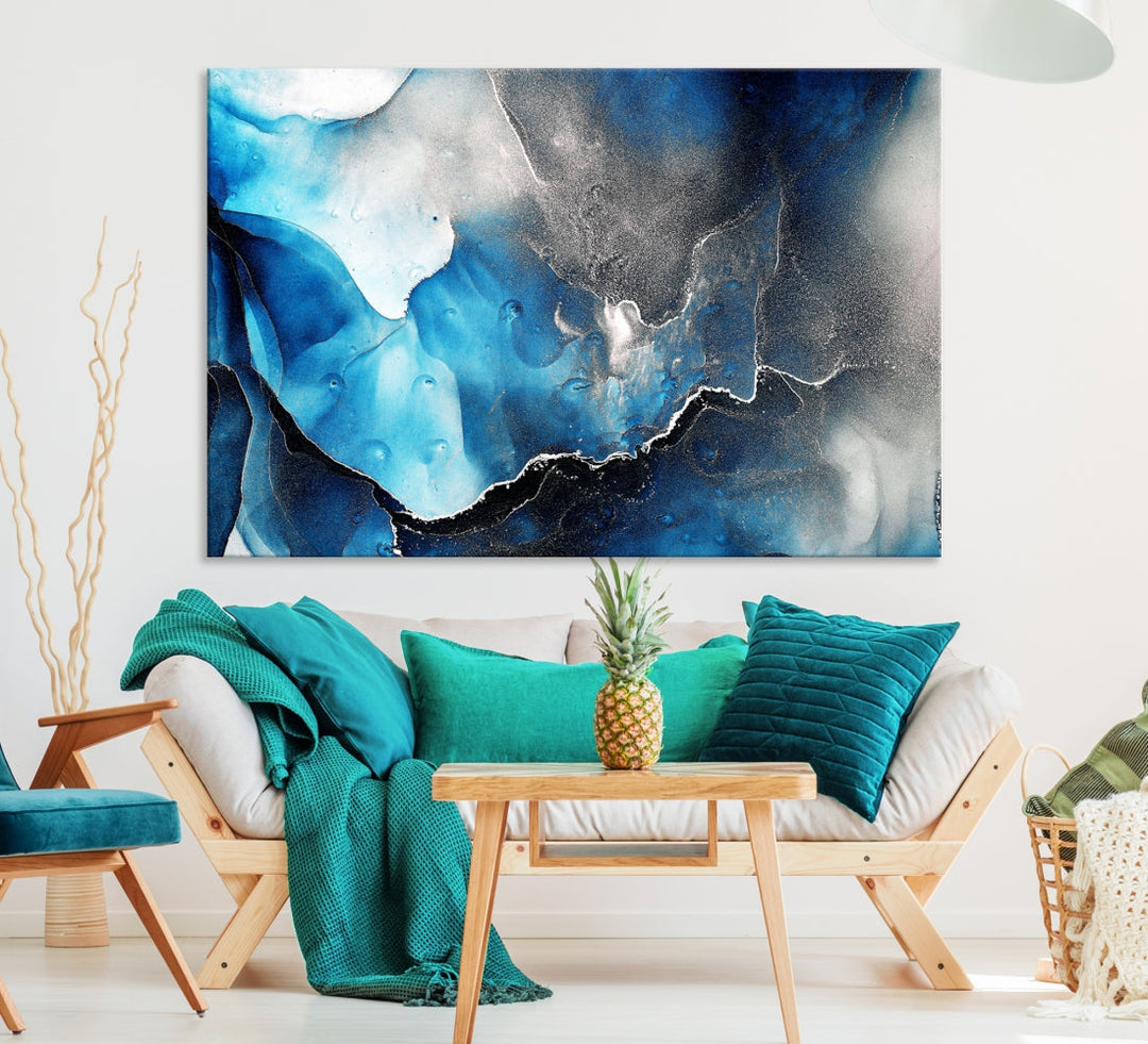 Piece Blue and Black Abstract Canvas Wall Art Modern Painting