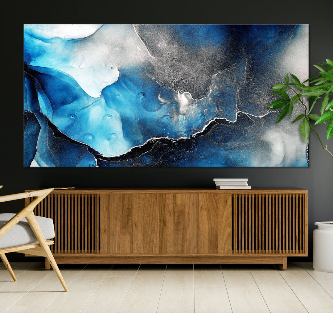 Piece Blue and Black Abstract Canvas Wall Art Modern Painting