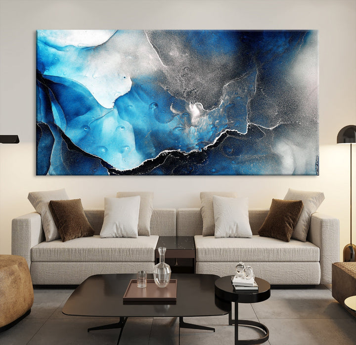 Piece Blue and Black Abstract Canvas Wall Art Modern Painting