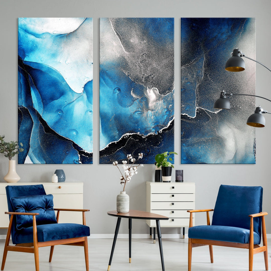 Piece Blue and Black Abstract Canvas Wall Art Modern Painting