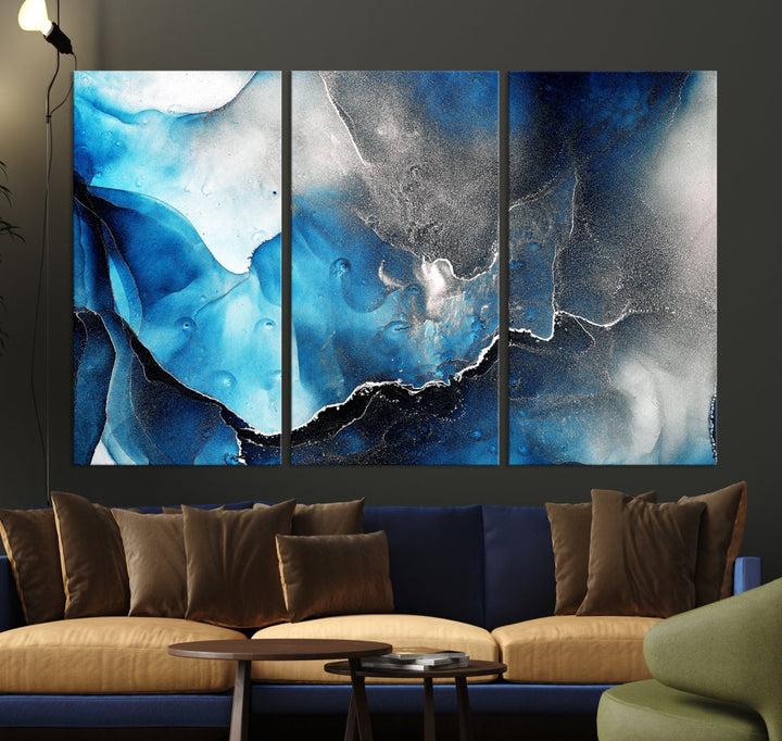 Piece Blue and Black Abstract Canvas Wall Art Modern Painting