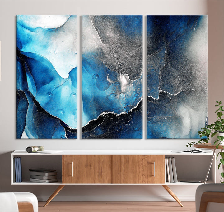 Piece Blue and Black Abstract Canvas Wall Art Modern Painting