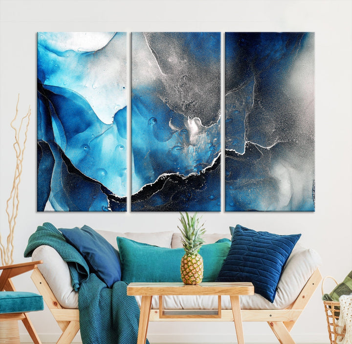 Piece Blue and Black Abstract Canvas Wall Art Modern Painting