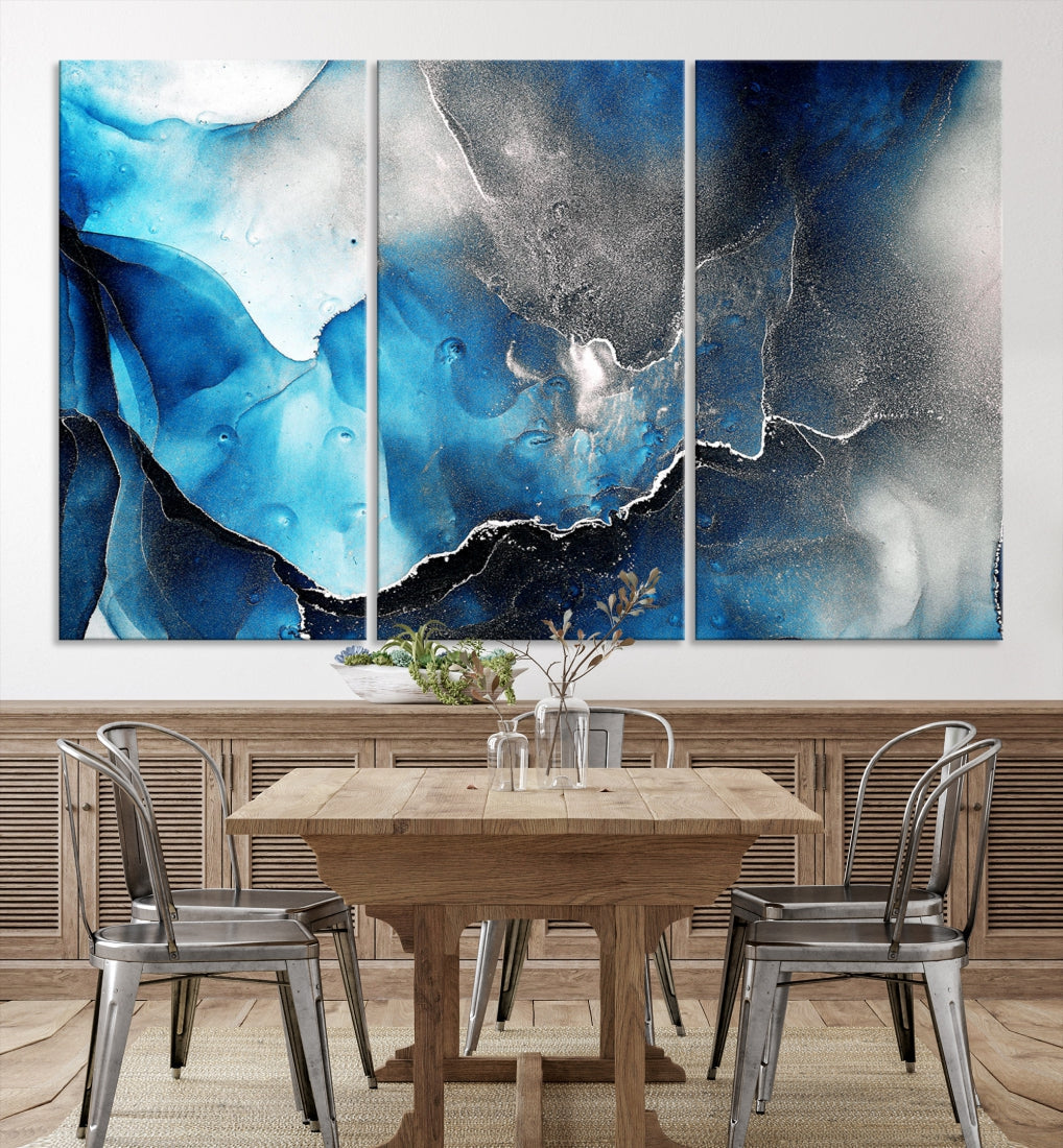 Piece Blue and Black Abstract Canvas Wall Art Modern Painting