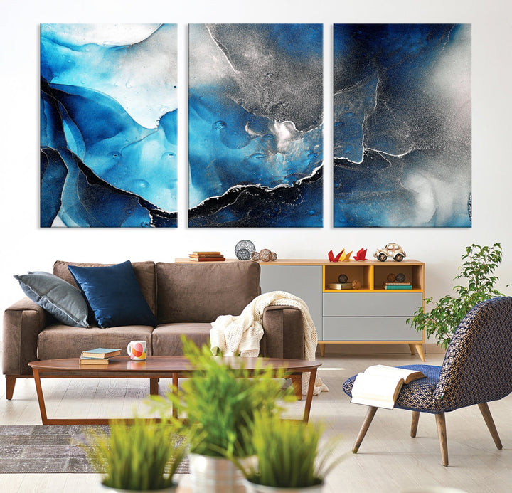 Piece Blue and Black Abstract Canvas Wall Art Modern Painting