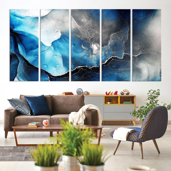 Piece Blue and Black Abstract Canvas Wall Art Modern Painting