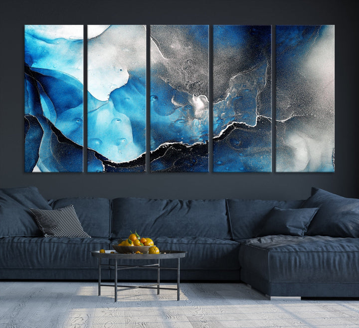 Piece Blue and Black Abstract Canvas Wall Art Modern Painting