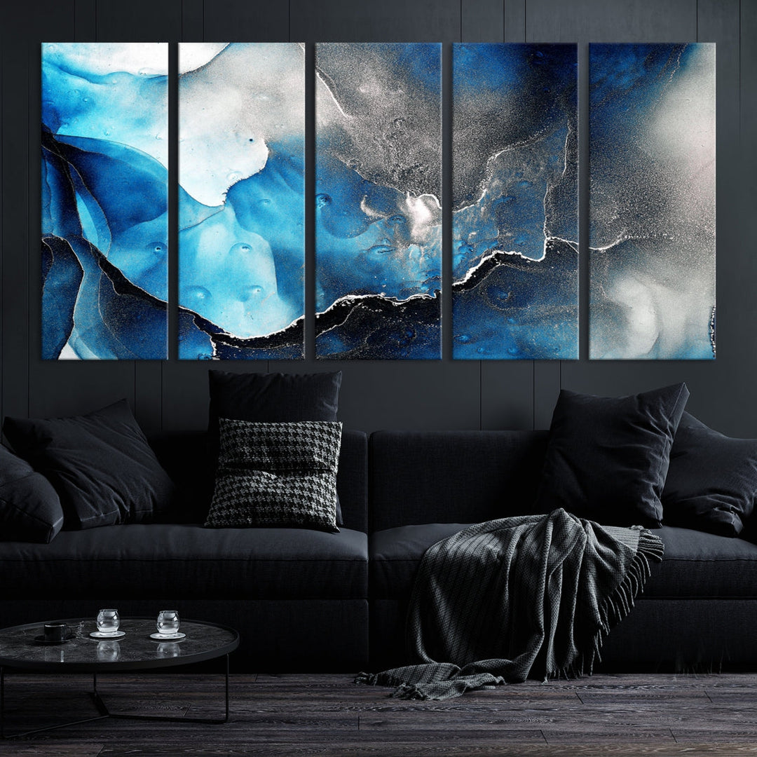 Piece Blue and Black Abstract Canvas Wall Art Modern Painting