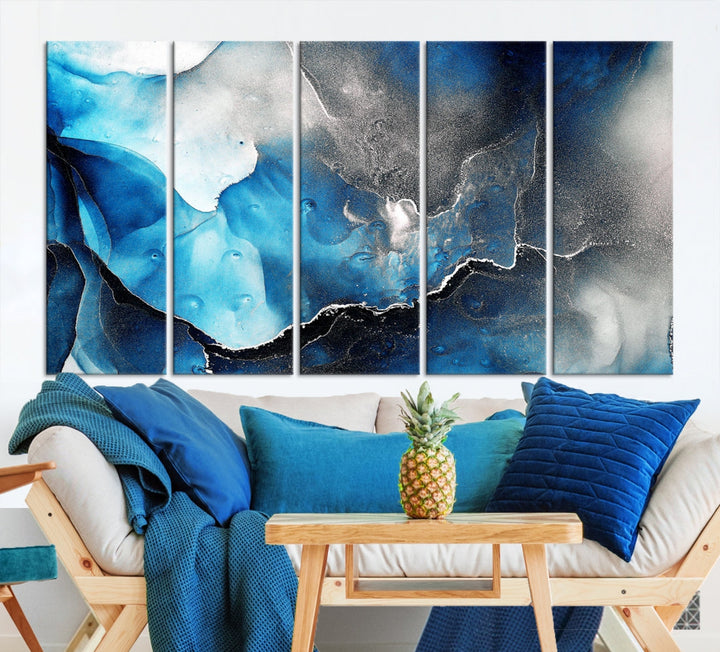 Piece Blue and Black Abstract Canvas Wall Art Modern Painting