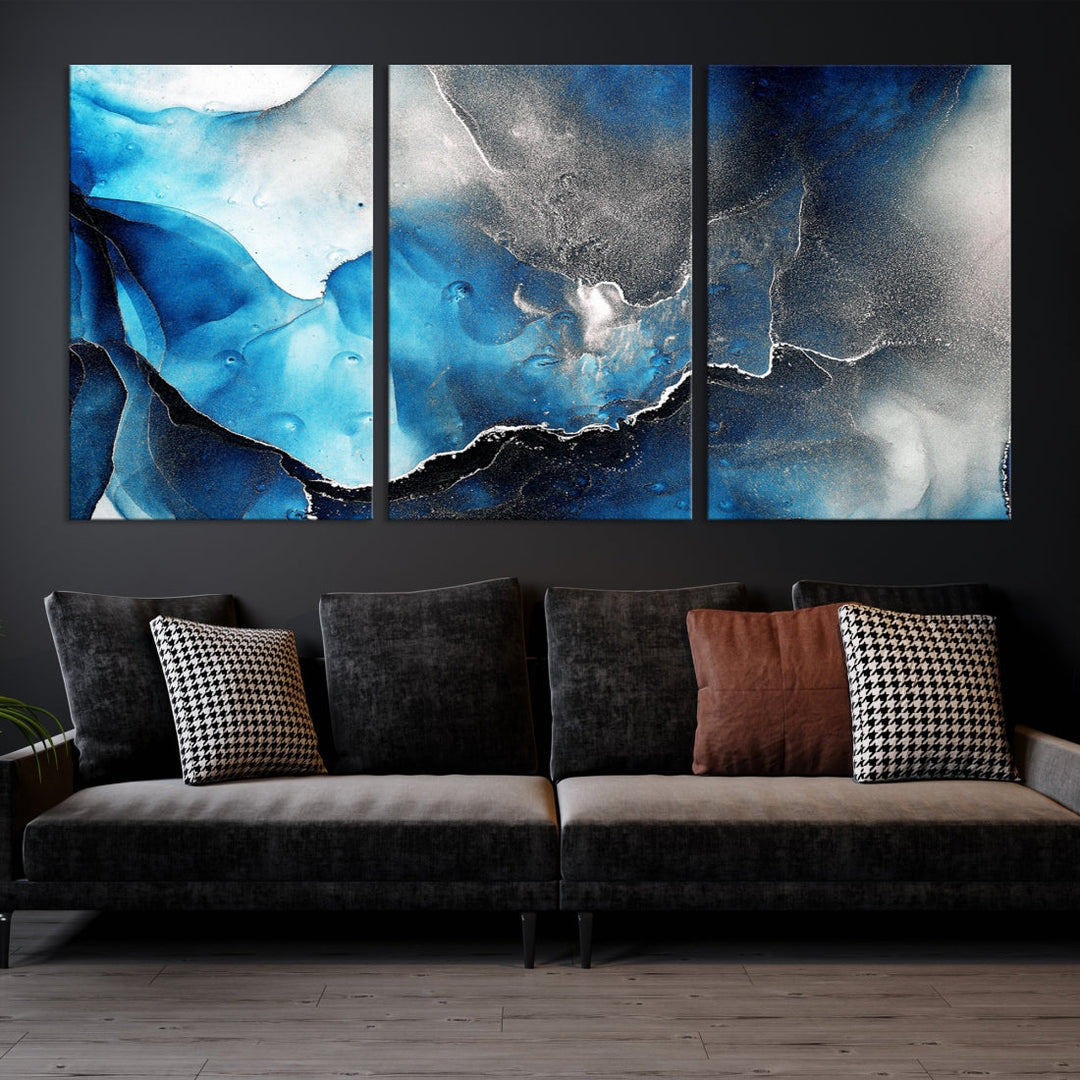 Piece Blue and Black Abstract Canvas Wall Art Modern Painting