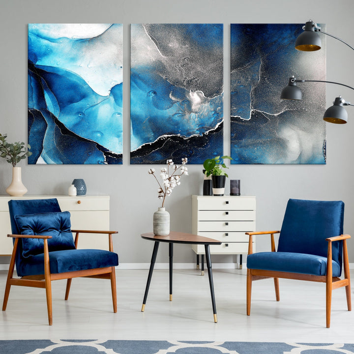 Piece Blue and Black Abstract Canvas Wall Art Modern Painting