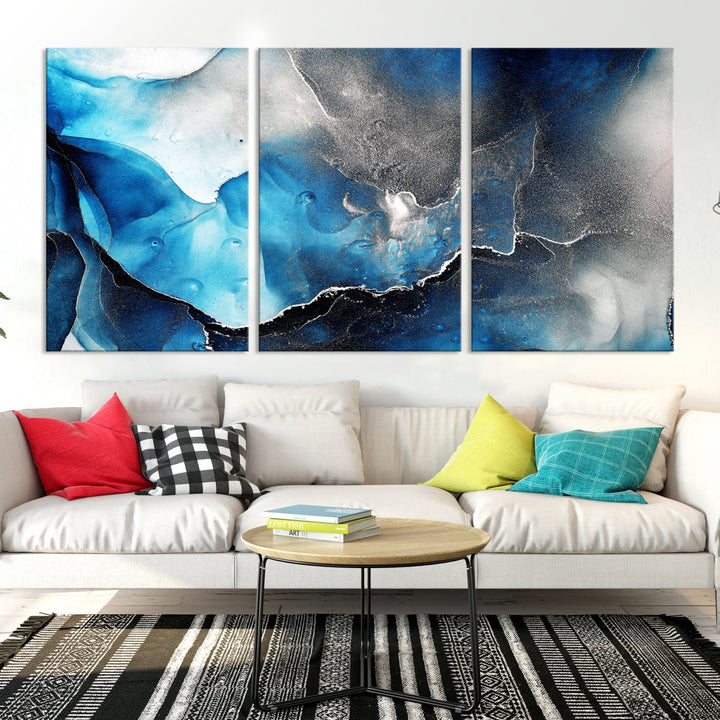 Piece Blue and Black Abstract Canvas Wall Art Modern Painting