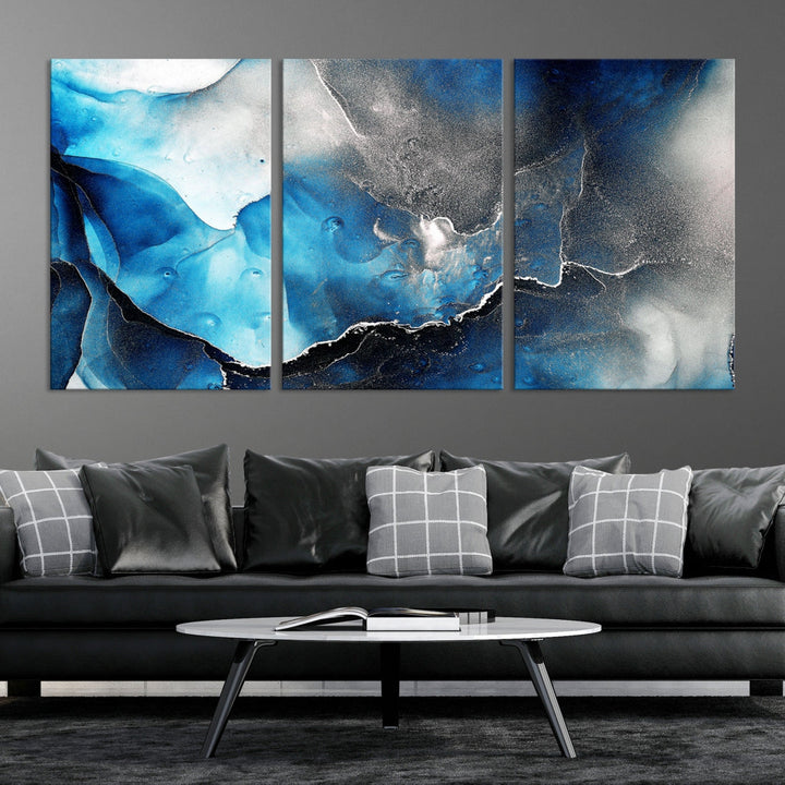 Piece Blue and Black Abstract Canvas Wall Art Modern Painting