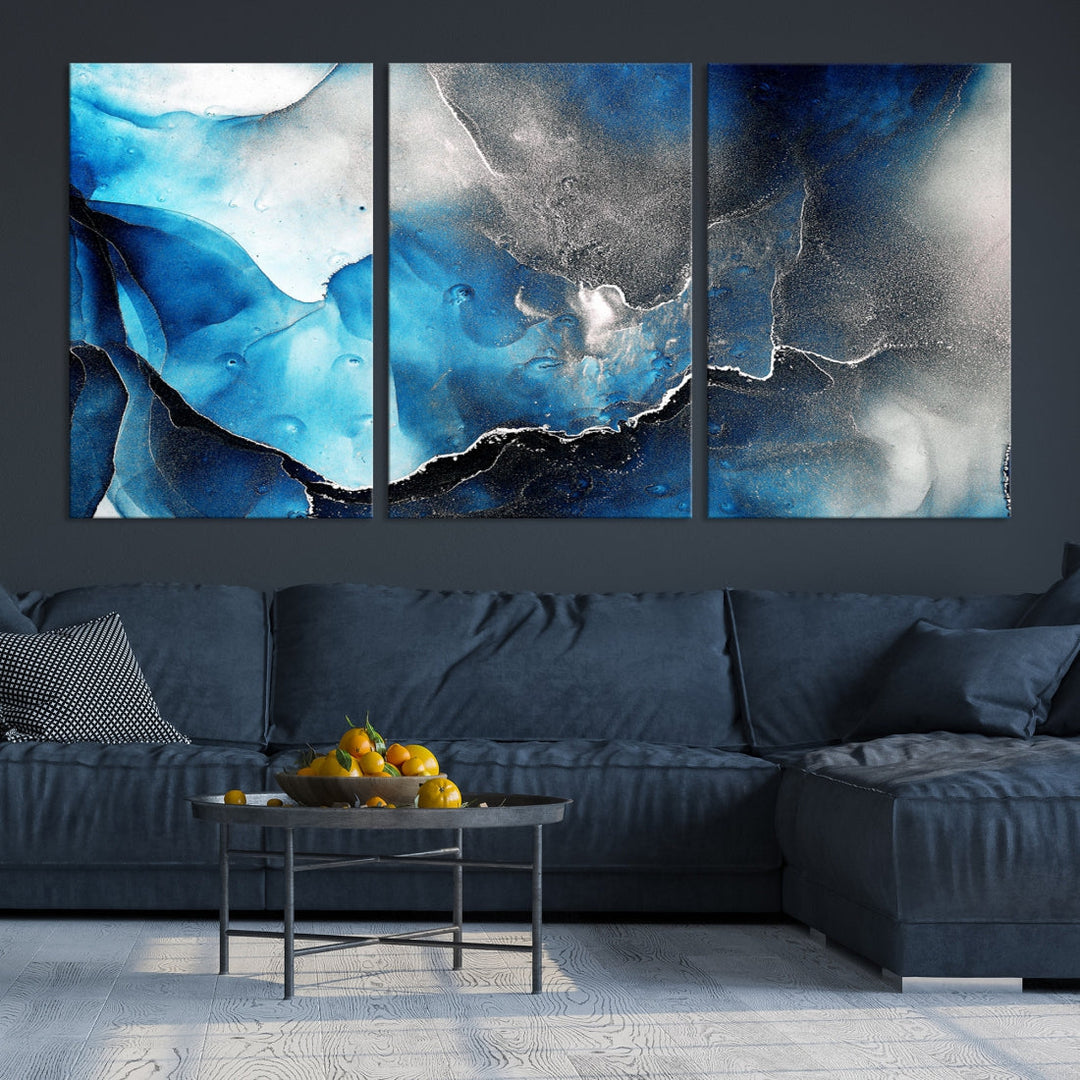 Piece Blue and Black Abstract Canvas Wall Art Modern Painting