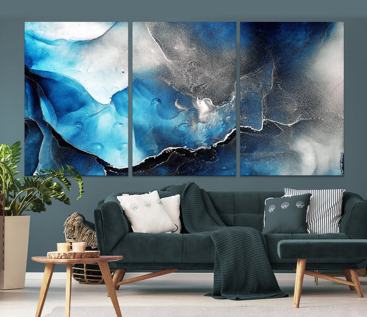 Piece Blue and Black Abstract Canvas Wall Art Modern Painting