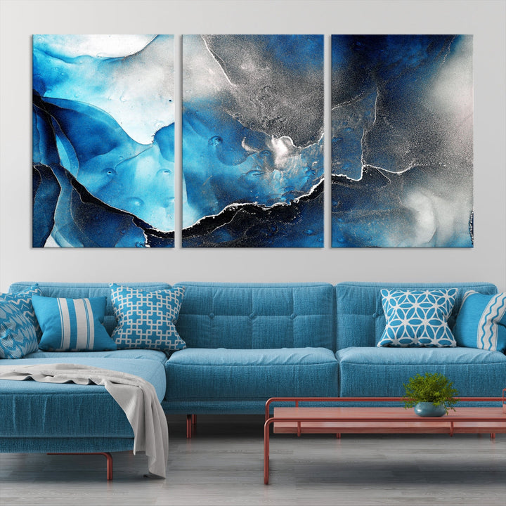 Piece Blue and Black Abstract Canvas Wall Art Modern Painting