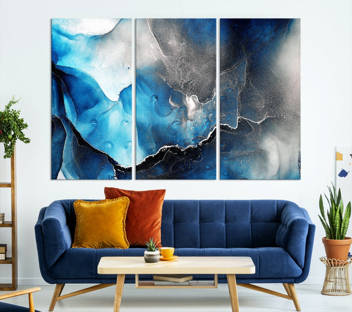 Piece Blue and Black Abstract Canvas Wall Art Modern Painting