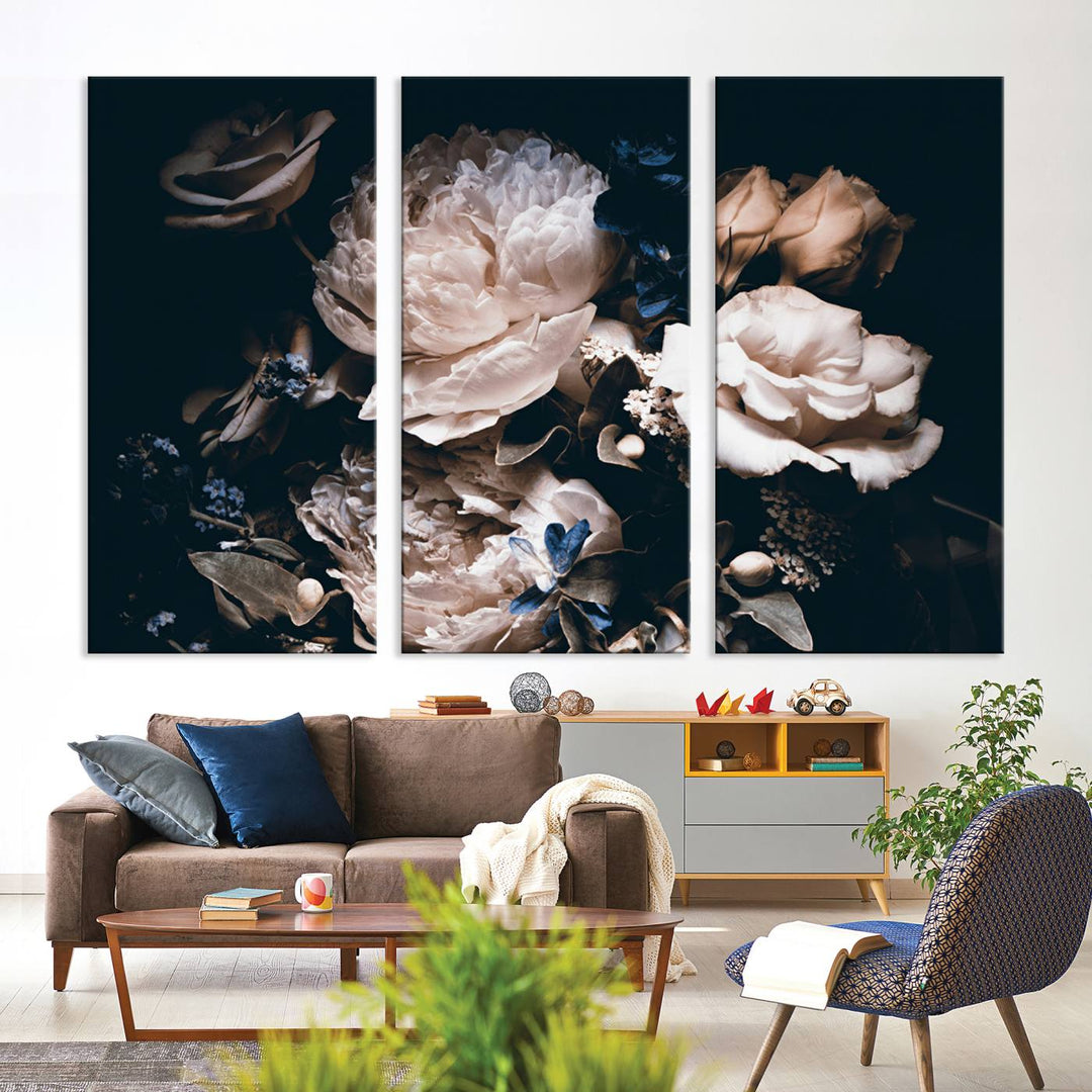 Pink Peonies Print Large Canvas Art Flowers Multi panel canvas Dark Floral Decor