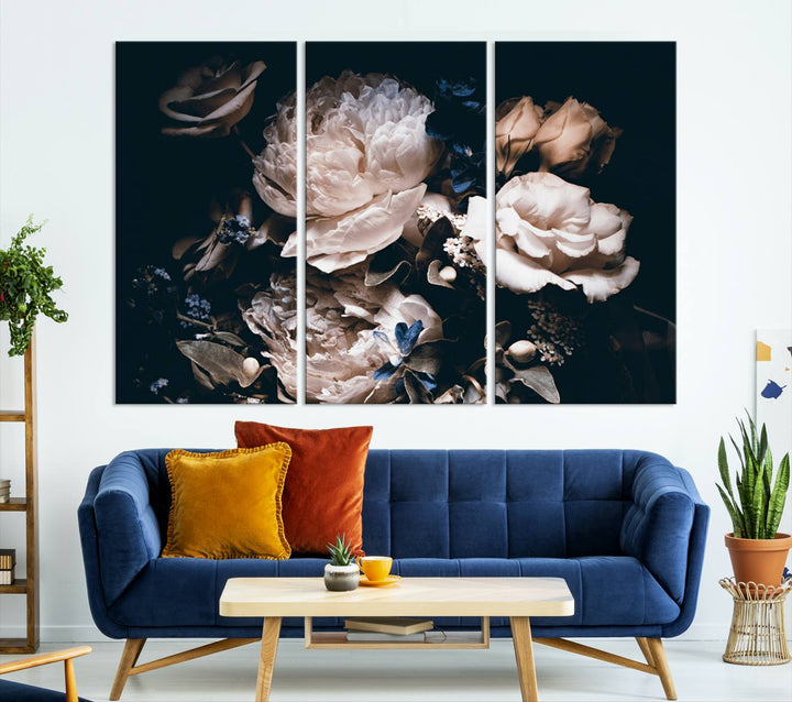 Pink Peonies Print Large Canvas Art Flowers Multi panel canvas Dark Floral Decor