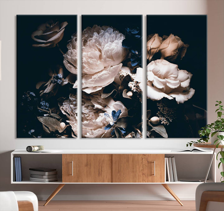 Pink Peonies Print Large Canvas Art Flowers Multi panel canvas Dark Floral Decor