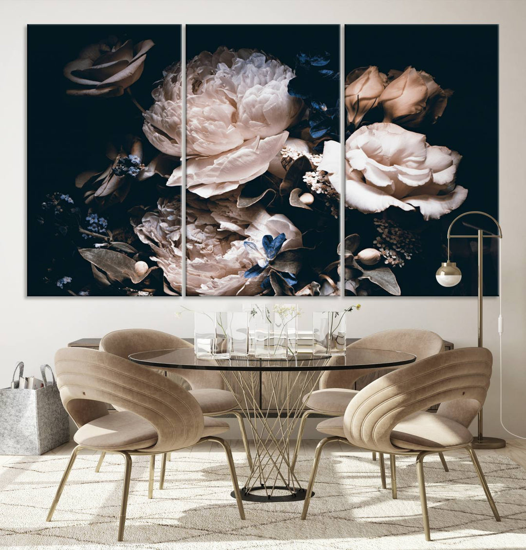 Pink Peonies Print Large Canvas Art Flowers Multi panel canvas Dark Floral Decor