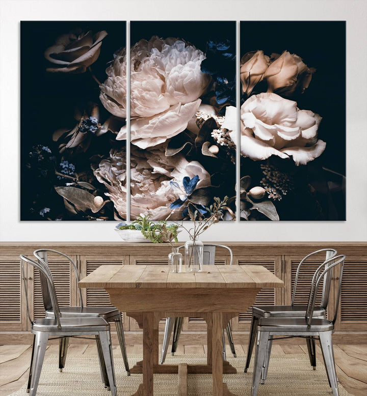 Pink Peonies Print Large Canvas Art Flowers Multi panel canvas Dark Floral Decor