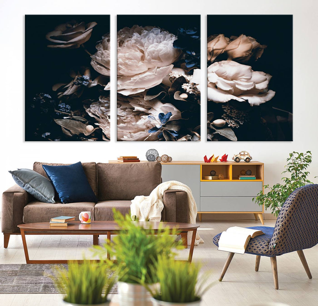 Pink Peonies Print Large Canvas Art Flowers Multi panel canvas Dark Floral Decor