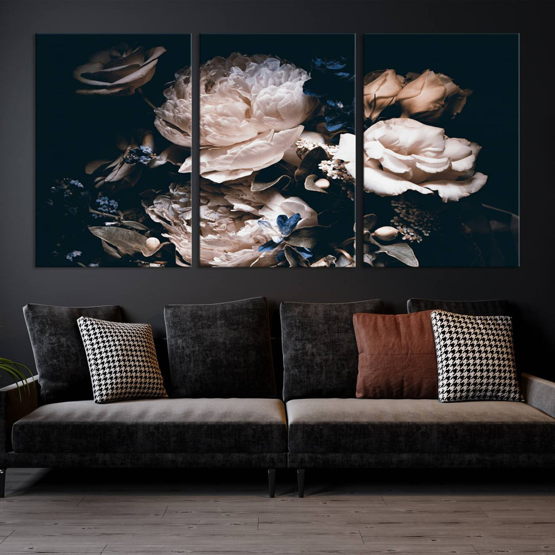 Pink Peonies Print Large Canvas Art Flowers Multi panel canvas Dark Floral Decor