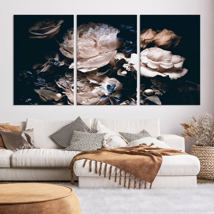 Pink Peonies Print Large Canvas Art Flowers Multi panel canvas Dark Floral Decor