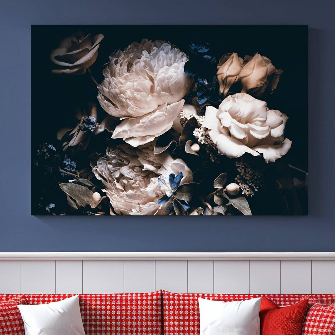 Pink Peonies Print Large Canvas Art Flowers Multi panel canvas Dark Floral Decor